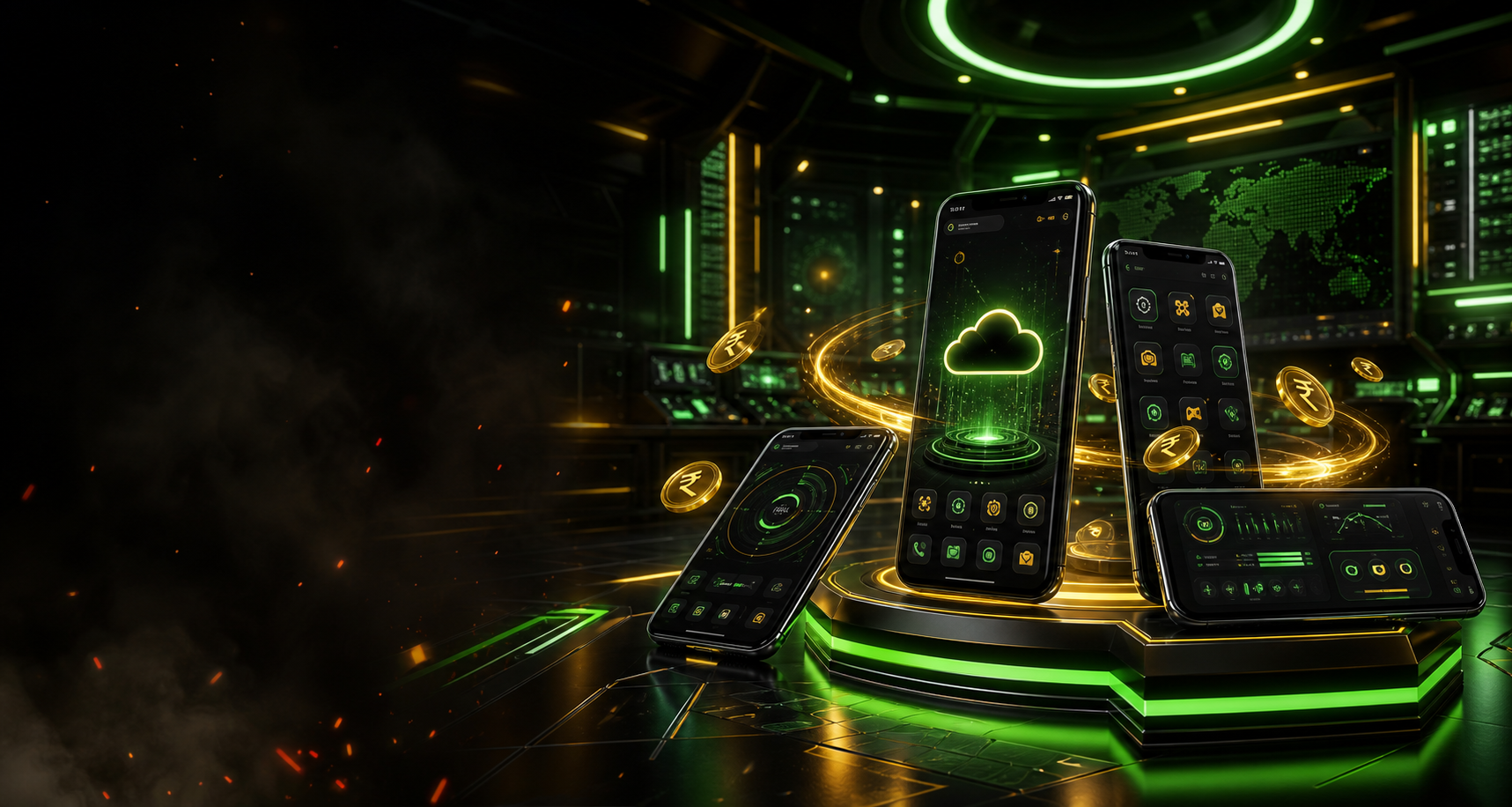 Futuristic CloudPhone devices and gaming screens